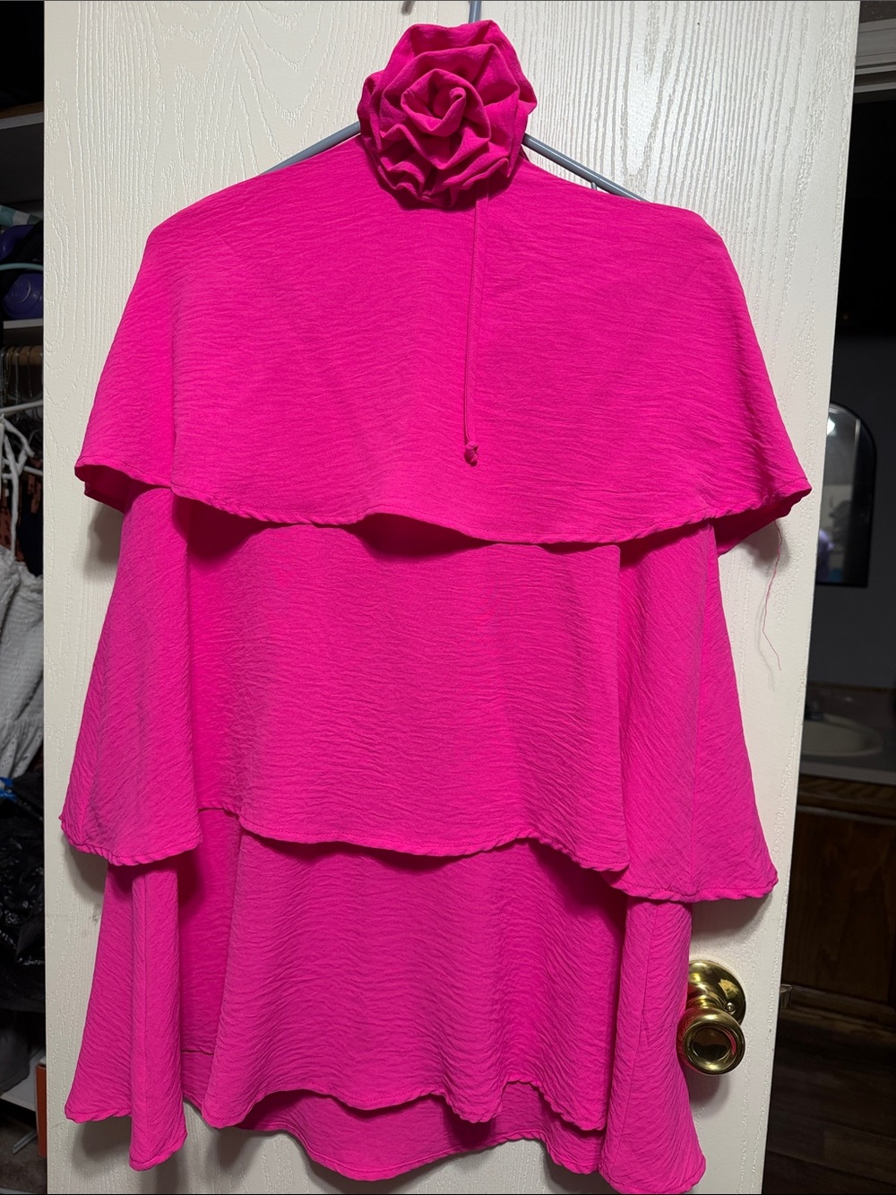 Timing Hot Pink Layered Long Sleeve Dress with Floral Neck